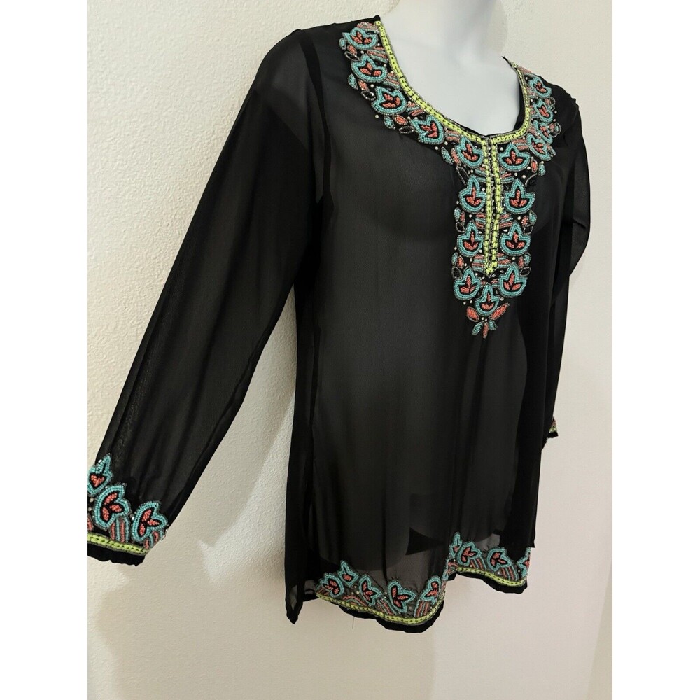 Nouveau Beach Women’s Sheer Black Beaded Beach Coverup Blingy Sexy Size L EUC - Picture 3 of 6
